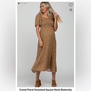 Pinkblush Camel Floral Smocked Square Neck Maternity Midi Dress